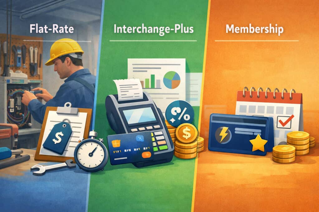 Pricing models explained for electricians: flat-rate vs interchange-plus vs membership