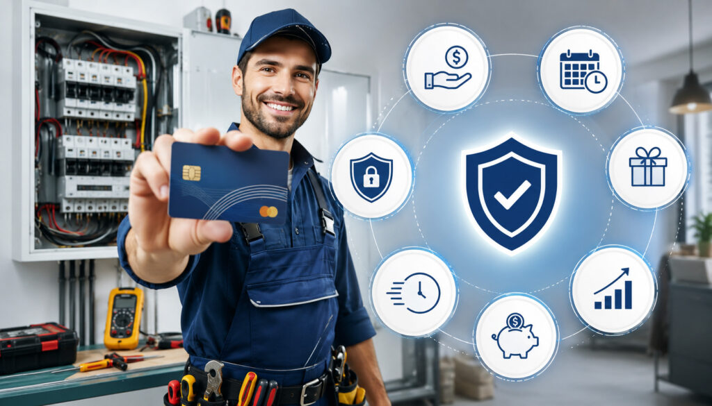 Electrician accepting credit card payment with secure digital payment icons and modern electrical workspace background