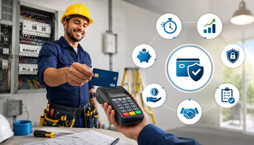 Electrical contractor accepting a debit card payment with mobile card terminal, surrounded by digital payment and business growth icons in a modern workspace
