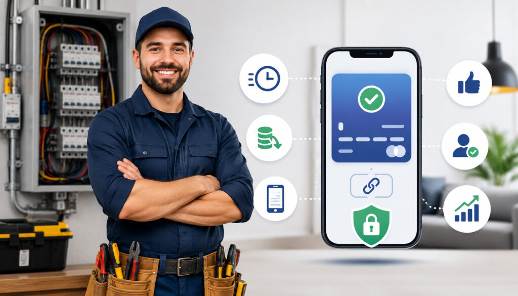 Electrician using mobile payment link technology with smartphone payment interface, secure digital transaction icons, and electrical service background