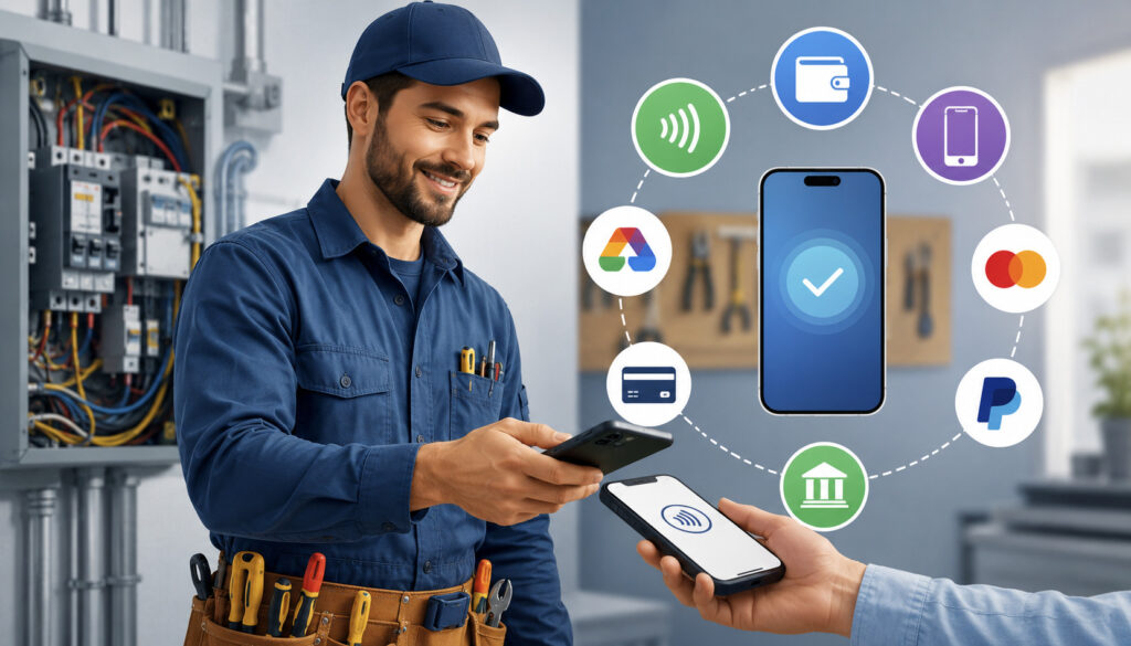 Electrician accepting a mobile contactless payment using smartphone and digital payment apps in a modern work environment