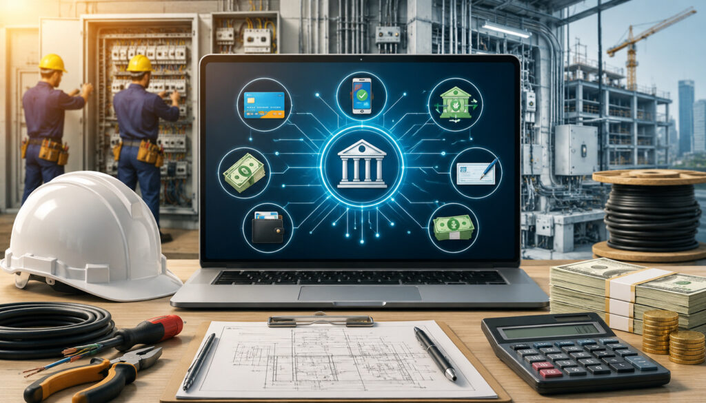 Digital payment solutions and financial planning tools for large electrical construction projects with electricians and industrial equipment in background