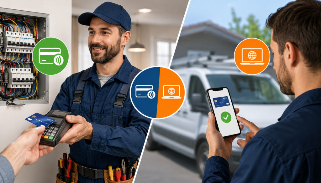 Illustration of an electrician accepting in-person card payments with a POS terminal alongside remote mobile card-not-present payments using a smartphone app