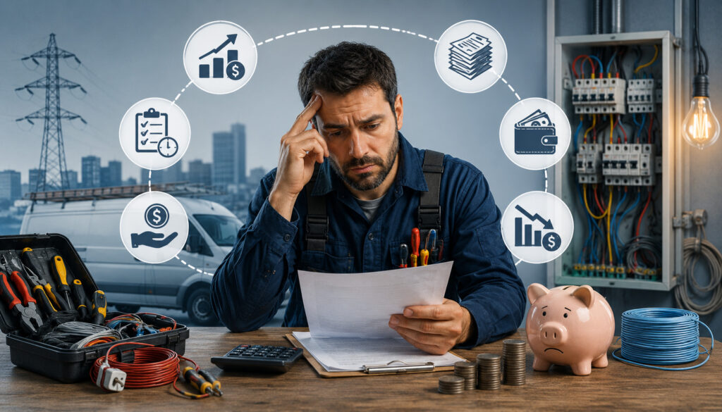 Electrician reviewing invoices and expenses while facing cash flow challenges in an electrical business with financial icons, tools, and wiring equipment in the background