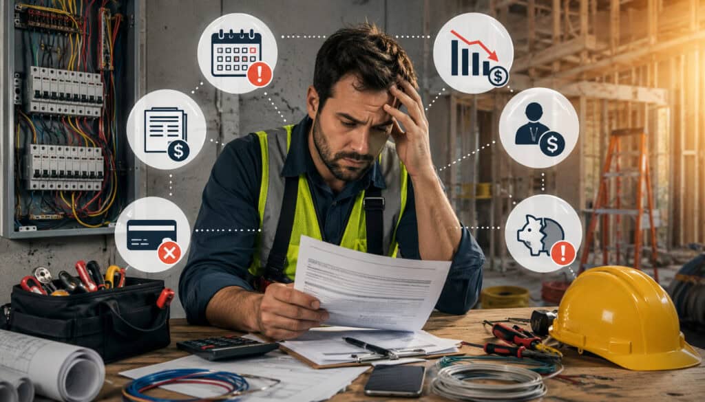 Electrical contractor reviewing unpaid invoices and payment issues at a construction site with financial challenge icons in the background