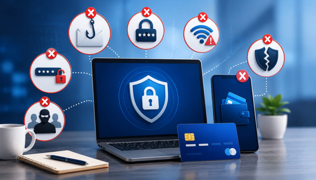 Illustration of common payment security mistakes in digital transactions, featuring insecure online payments, phishing threats, weak password practices, and cybersecurity protection elements for businesses