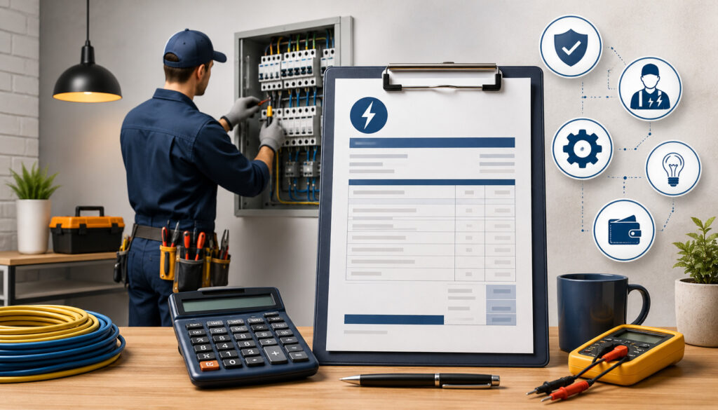 Professional electrician preparing a detailed electrical service invoice with tools, wiring panel, calculator, and electrical service icons in a modern workspace