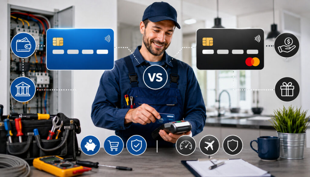 Electrician processing debit and credit card payments with payment terminal, electrical tools, and financial service icons in a modern workspace
