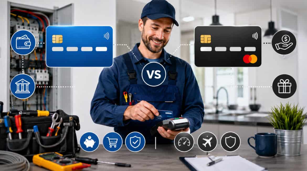 Electrician processing debit and credit card payments with payment terminal, electrical tools, and financial service icons in a modern workspace