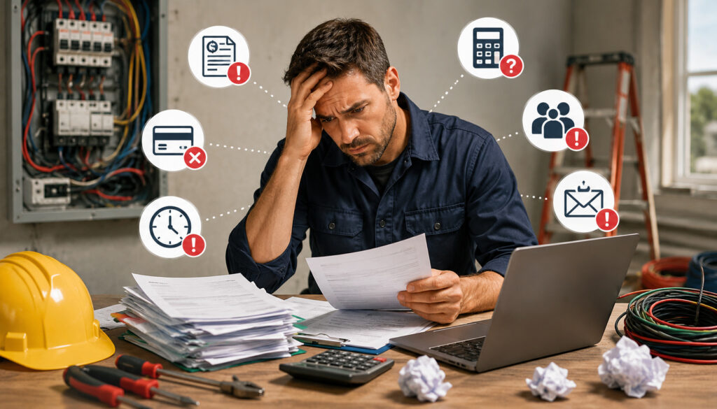 Electrical contractor struggling with invoicing paperwork, unpaid bills, and payment management in a busy workspace with electrical tools and billing icons