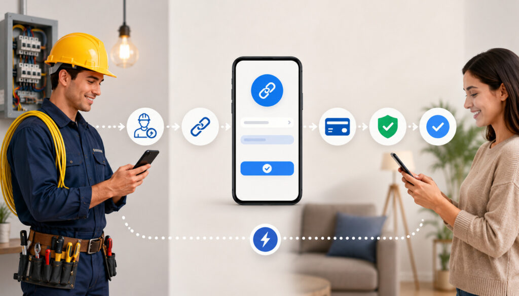 Electrician using mobile payment link system with customer approving secure digital payment on smartphone in a modern home setting
