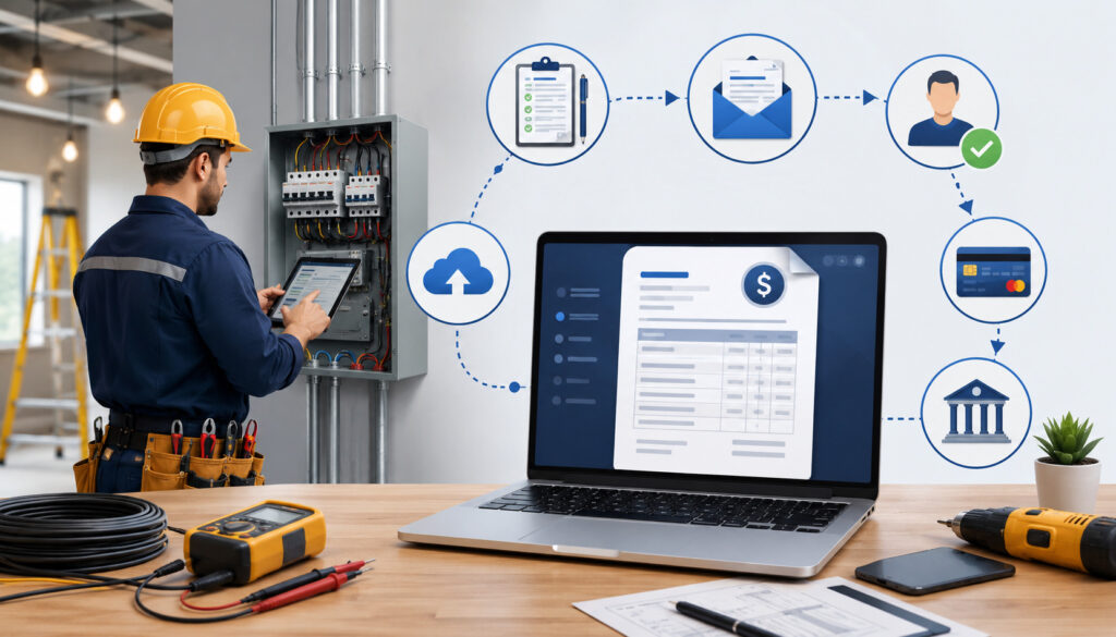 Electrical contractor using digital invoicing software on a tablet and laptop with online payment, cloud billing, and invoice workflow icons in a modern workspace
