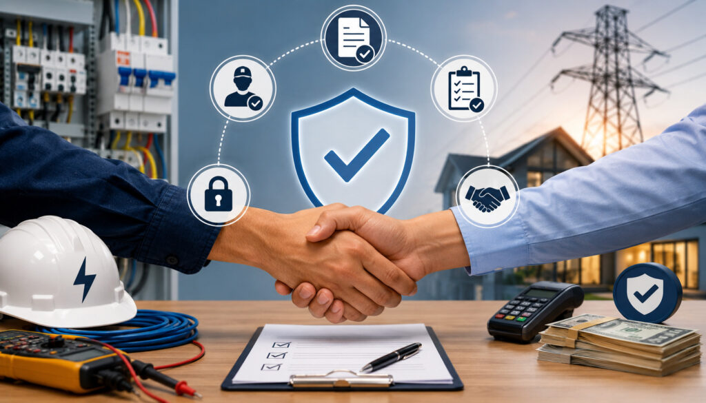 Handshake between electrical contractor and client with secure payment icons, electrical equipment, and dispute prevention concept for high-ticket electrical payments