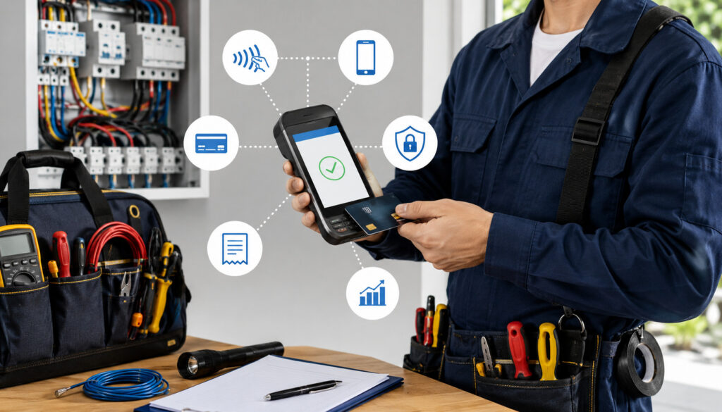 Electrician using a mobile POS system to accept card payments on-site with digital payment and business management icons in the background