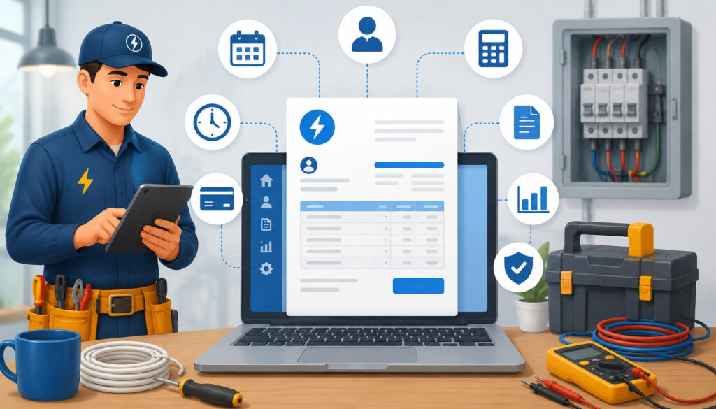 Electrician using invoicing software on a laptop with digital billing icons, electrical tools, toolbox, and circuit panel in a modern workspace