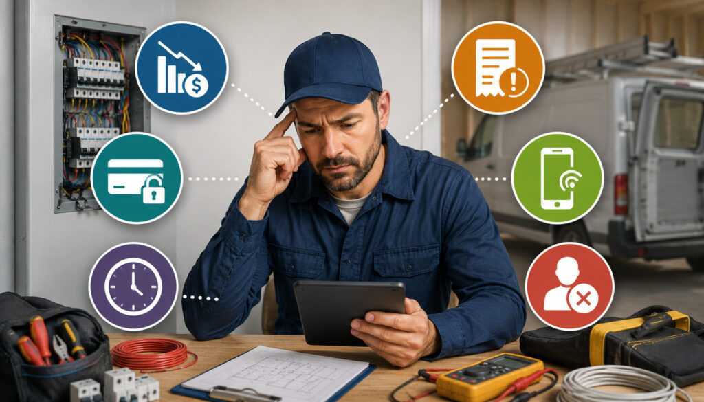 Illustration of an electrical contractor facing payment and business challenges with icons representing billing issues, delayed payments, mobile transactions, security concerns, and customer management