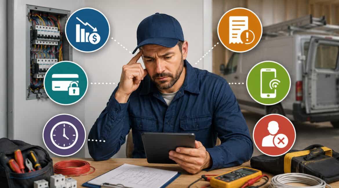 Illustration of an electrical contractor facing payment and business challenges with icons representing billing issues, delayed payments, mobile transactions, security concerns, and customer management