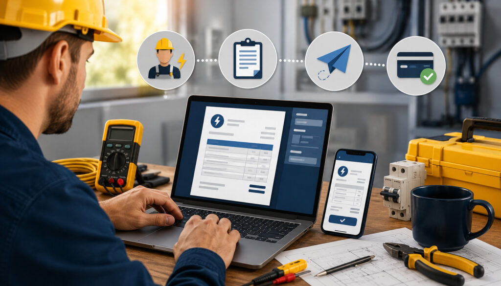 Digital illustration of an electrical contractor using online invoicing software on a laptop and mobile device, surrounded by electrical tools, payment icons, and workflow automation elements in a modern workspace