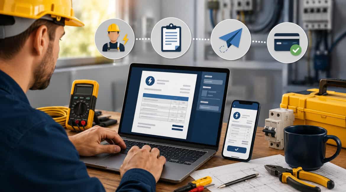 Digital illustration of an electrical contractor using online invoicing software on a laptop and mobile device, surrounded by electrical tools, payment icons, and workflow automation elements in a modern workspace