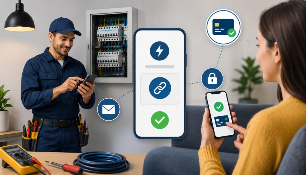 Electrician sending secure online payment links to a customer through mobile devices with electrical service tools, digital payment icons, and modern electrical panel background