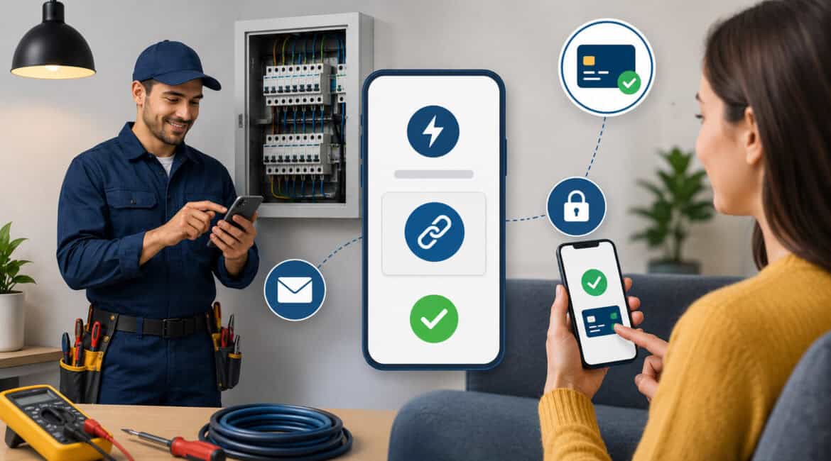 Electrician sending secure online payment links to a customer through mobile devices with electrical service tools, digital payment icons, and modern electrical panel background