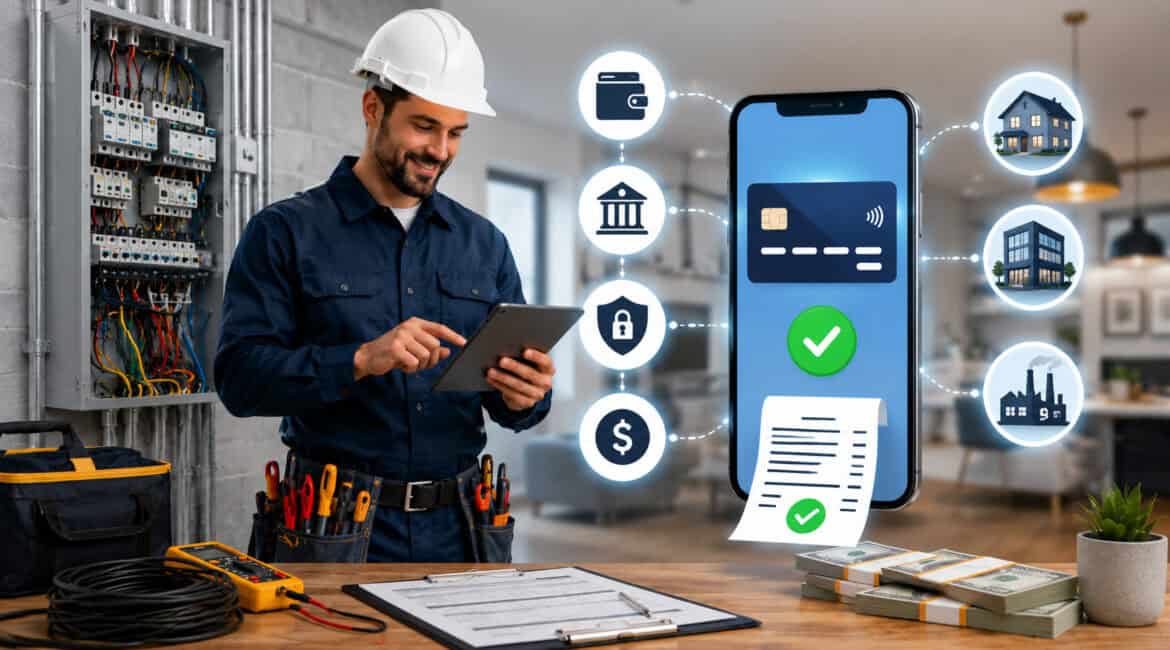 Electrical contractor processing high-ticket service payment on tablet with secure digital payment icons and large transaction visuals