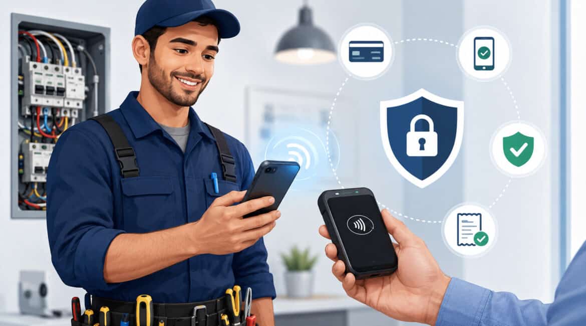 Illustration of an electrician using a secure mobile payment system with contactless payment terminal, smartphone transaction, and digital security icons in a modern work environment