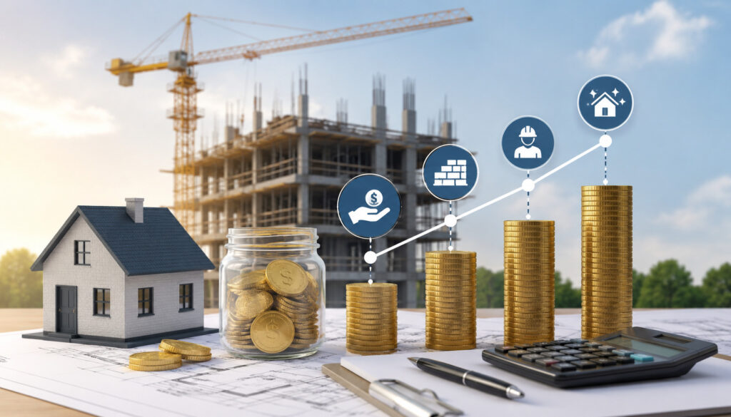 Illustration of deposits and progress payments with growing coin stacks, construction project background, financial icons, calculator, and model house representing staged business payments and project financing