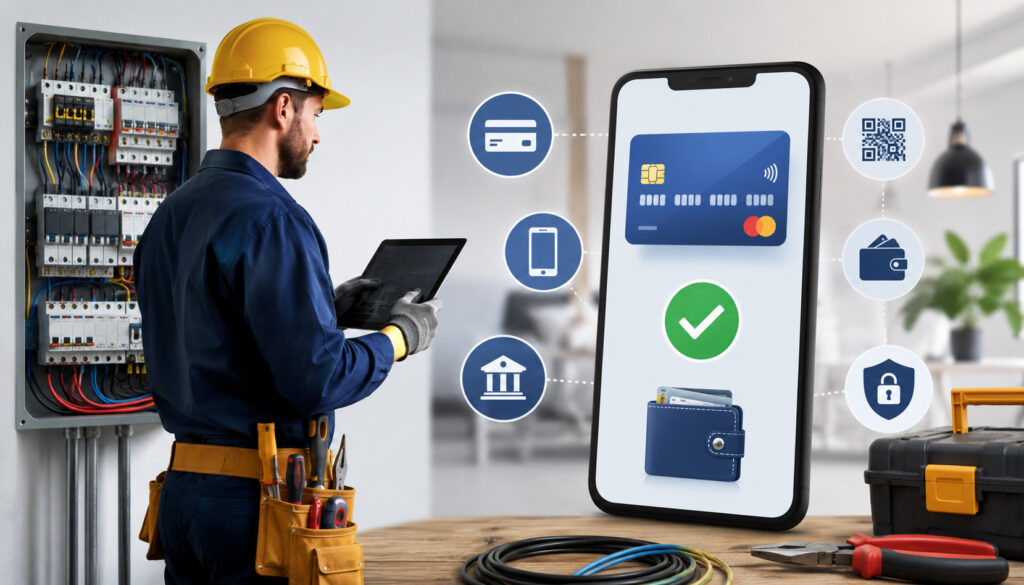Electrical contractor using online payment technology with digital wallet and secure mobile payment icons in a modern workspace